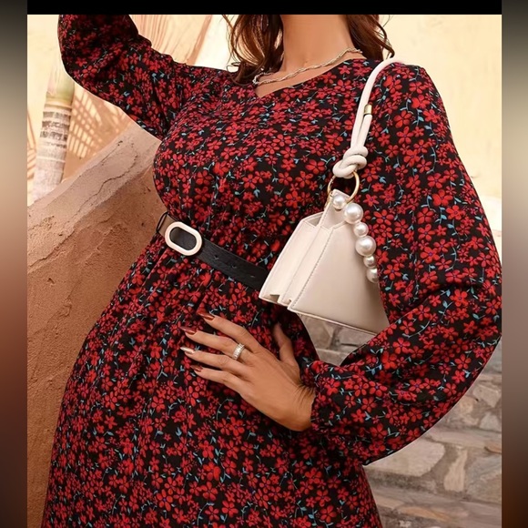 Floral Print V Neck Dress, Elegant Long Sleeve High Waist Maxi Dress, Women - Picture 5 of 5
